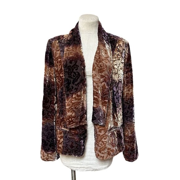Sundance Burnout Velvet Open Front Jacket Silk Blend Baroque Pattern Size 14 XL - Picture 1 of 9